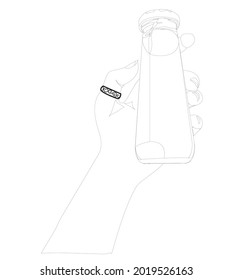 Jugo en una botella de vidrio en mano humana. Ilustración de material vectorial aislada sobre fondo blanco en estilo doodle.