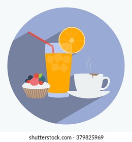 Juice Glass. Cup Of Coffee With Cake Icon. Flat Design. Long Shadow. Vector Illustration.