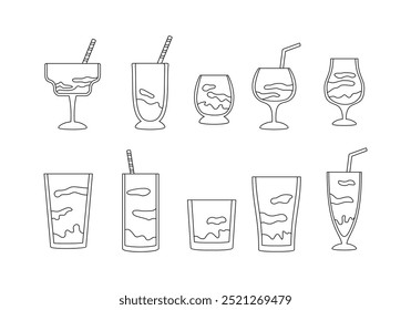 Juice in glass doodle line symbol sign icon collection. outline style. isolated illustration
