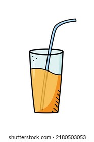 Juice glass doodle vector illustration, cold fruit drink, diet smoothie