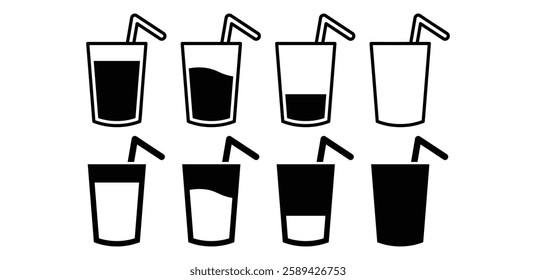 juice glass drink with straw icon vector design simple outline and black filled color illustration set