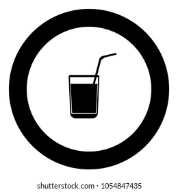 Juice glass with drinking straw black icon in circle .