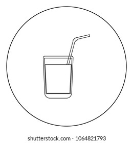 Juice glass with drinking straw black icon in circle vector illustration isolated flat style .