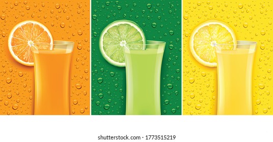 juice glass with fresh fruit slice and different color backgrounds with many juice drops	
