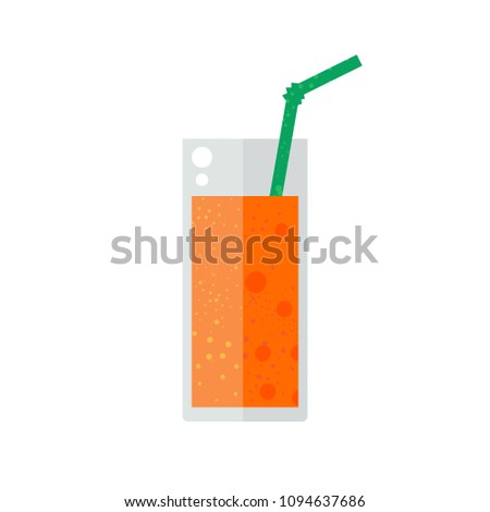 Juice glass of fresh orange with straw on white background, vector flat design illustration, summer sign, vegetarian organic ciyrus drink