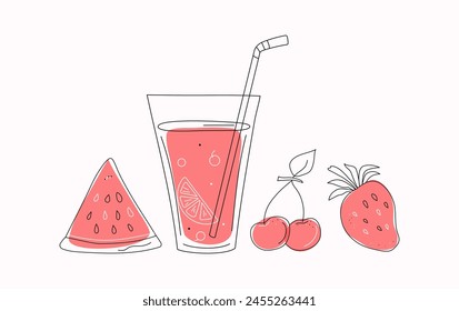 Juice in a glass, fruit cocktail. Food and drinks. Abstract drawings of fruits and berries. Beach bar. Strawberry, watermelon and cherry. Line icons with colored spots. Scribble. Vector illustration