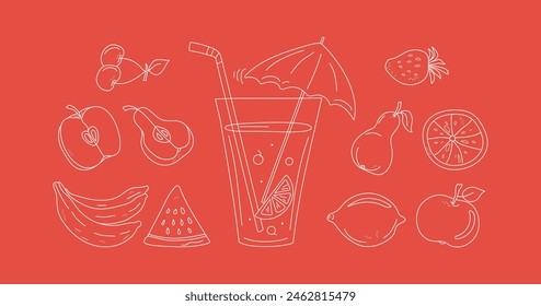 Juice in a glass, fruit cocktail. Set of abstract fruits. Juicy fruits whole and slices. Food and drinks. Abstract drawings of fruits and berries. Beach bar. Line icons. Scribble. Vector illustration