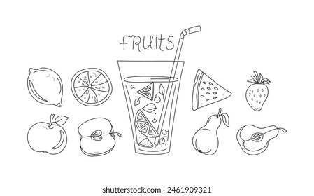 Juice in glass, fruit cocktail, smoothie. Set abstract fruits, ingredients for juice. Fruits, berries whole and slices. Food,  drinks, healthy vegetarian nutrition. Abstract drawings. Beach bar.