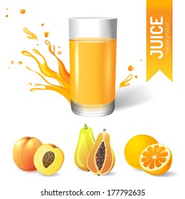 Juice in glass and fruits icons