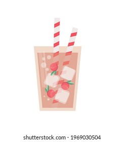  juice in a glass  with ice cubes and cherries. Fresh vegetarian drink. Healthy smoothie. Delicious cocktail. Flat vector design.