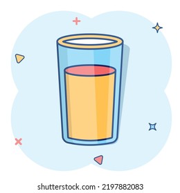 Juice glass icon in comic style. Soda glass vector cartoon illustration pictogram. Liquid water business concept splash effect.