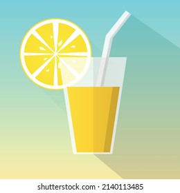 Icono de vidrio de jugo con rebanada de limón. Diseño plano. sombra larga. Ilustración del vector