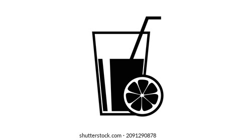 Juice Glass Icon. Vector flat editable black and white illustration of a juice glass with a staw