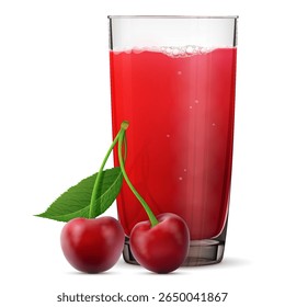 Сsuco de herry em vidro isolado em fundo branco. Par de frutas cerejas com suco de vidro espremido fresco. Ilustração vetorial sobre bebidas, frutas, agricultura, alimentos saudáveis, gastronomia, etc