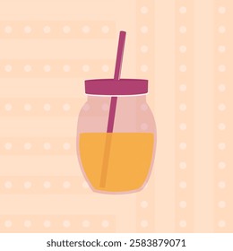Juice in a glass jar with cap and straw vector illustration