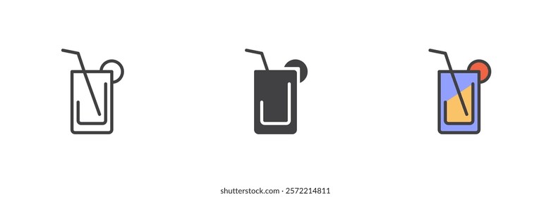 Juice glass with straw different style icon set. Line, glyph and filled outline colorful version, outline and filled vector sign. Cold drink symbol, logo illustration. Vector graphics