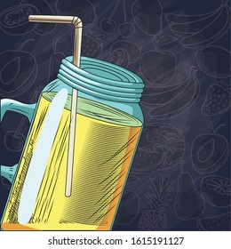 juice glass with straw fresh fruit food healthy vector illustration