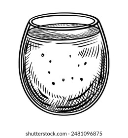 Juice in a glass. Vector illustration of tropical exotic cold beverage on isolated background. Linear Drawing for restaurant or bar menu. Outline engraving of summer healthy juicy drinking for party.
