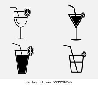 juice glasses icon vector set.four different shapes of glasses.slice of lemon on it.