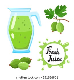 Juice with gooseberry in a glass jug, vector cartoon card with fresh berries and smoothie isolated on white. Green juice splashes drops.