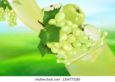 Juice Grape and Apple with splash. Flow of liquid with drops and sweet fruit 3d realistic vector illustration, package design or poster, advertising.