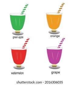 juice, green apple, orange, watermelon, grape on white background, vector illustration