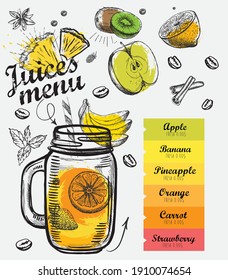 Мenu Juice. Hand drawn style. Vector illustration.	
