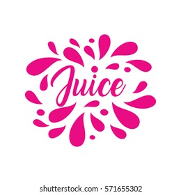 Juice hand written lettering, juice logo, label or badge for groceries, fruit stores, packaging and advertising. Splash with drops badge Logotype design. Vector illustration.