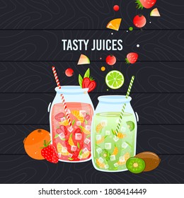 Juice healthy food vector illustration. Cartoon flat organic fruit smoothie shake drink, fresh vitamin beverage in glass with straw, detox fitness diet for health care and healthy lifestyle background