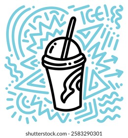 Juice ice with blue doodle. Simple illustration. Hand drawn doodle for sticker, postcard, wallpaper, mural, fabric, prints, wall decor, clothing, etc