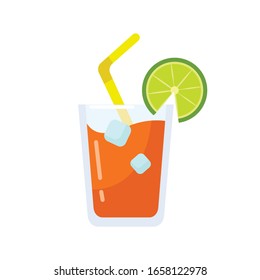 juice with ice cubes, straw and lemon flat vector illustration
