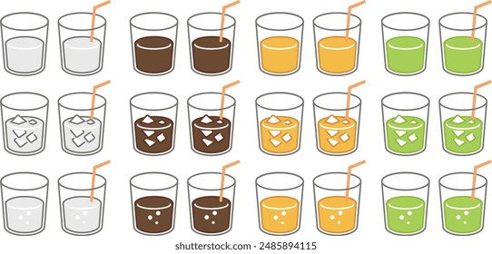 Juice icon illustration set. A variation set of four types: orange juice, cola, soda, and melon juice, with or without a straw, and with or without ice.