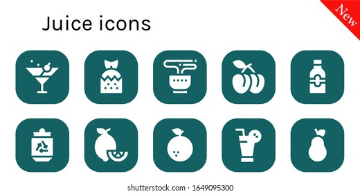 juice icon set. 10 filled juice icons. Included Martini, Strawberry, Tea, Plum, Bottle, Can, Lemons, Orange, Juice, Pear icons