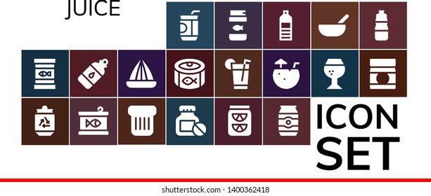 juice icon set. 19 filled juice icons.  Simple modern icons about  - Soda, Canned food, Can, Toast, Bottle, Lemonade, Juicer, Drink, Coconut water, Brandy, Baby food, Fish food
