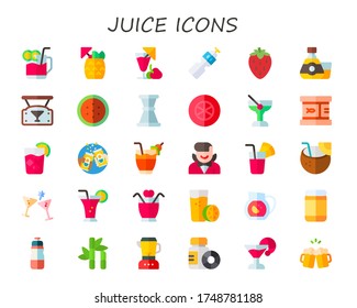 juice icon set. 30 flat juice icons.  Simple modern icons such as: cocktail, Cocktail, water bottle, strawberry, alcohol, bar, watermelon, jigger, tomato slice, canned food, cocktails