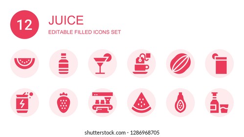juice icon set. Collection of 12 filled juice icons included Watermelon, Water bottle, Cocktail, Tea, Energy drink, Strawberry, Bottle, Papaya, Drink, Alcohol