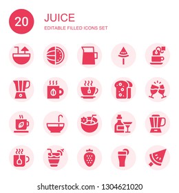 juice icon set. Collection of 20 filled juice icons included Cocktail, Watermelon, Lemonade, Tea, Blender, Toast, Punch bowl, Coconut drink, Strawberry, Drink