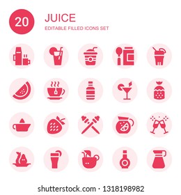 juice icon set. Collection of 20 filled juice icons included Hot drink, Lemonade, Straw, Baby food, Drink, Watermelon, Tea, Water bottle, Cocktail, Strawberry, Citrus juicer, Toothpick