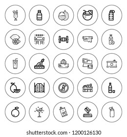 Juice icon set. collection of 25 outline juice icons with bar, bars, bottle, canned food, cocktail, coconut drink, cans, fish food, lemon, ice coffee icons. editable icons.