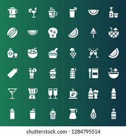 juice icon set. Collection of 36 filled juice icons included Water bottle, Papaya, Pitcher, Milkshake, Drink, Bottle, Tea, Toast, Blender, Cocktail, Baby food, Drinks, Watermelon