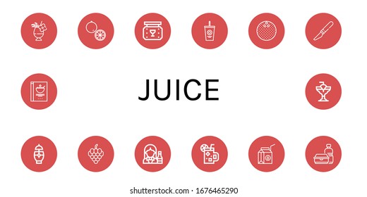 juice icon set. Collection of Cocktail, Orange, Bar, Soda, Coconut, Slice, Grapes, Bartender, Milk box, Plastic bottle, Cereals icons