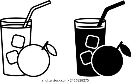 Iconos de jugo. Iconos vectoriales en blanco y negro. Vaso de Jugo de Naranja con Hielo y Paja. Bebida Refrescante. Concepto de verano y vacaciones