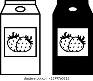 Juice Icons. Black and White Vector Illustrations. Strawberry Juice in Cardboard Packaging. Drink, Food. Grocery Concept