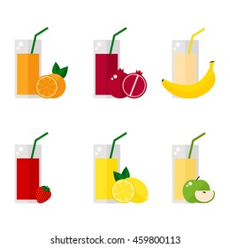 Juice icons on white background. Juice glass with fruits. Flat style vector illustration. 