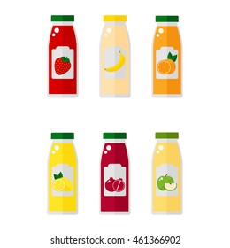 Juice icons on white background. Juice bottle with fruit label. Healthy drink. Flat style vector illustration.