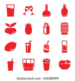 Juice icons set. set of 16 juice filled icons such as beet, lemon, soda, drink, milk, clink glasses, bottle, food