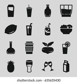 Juice icons set. set of 16 juice filled icons such as beet, lemon, drink, soda, milk, clink glasses, bottle, cocktail, food