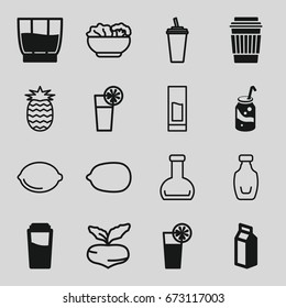 Juice icons set. set of 16 juice filled and outline icons such as drink, soda, milk, cocktail, beet, lemon, lemon, bottle, food