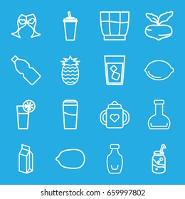 Juice icons set. set of 16 juice outline icons such as beet, baby bottle, drink, lemon, soda, lemon, milk, clink glasses, bottle, cocktail