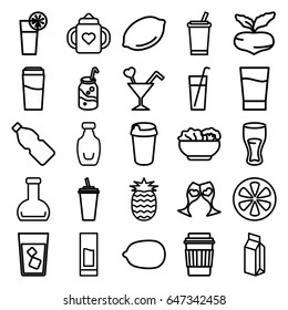 Juice icons set. set of 25 juice outline icons such as beet, lemon, baby bottle, drink, lemon, soda, milk, clink glasses, cocktail, bottle, food